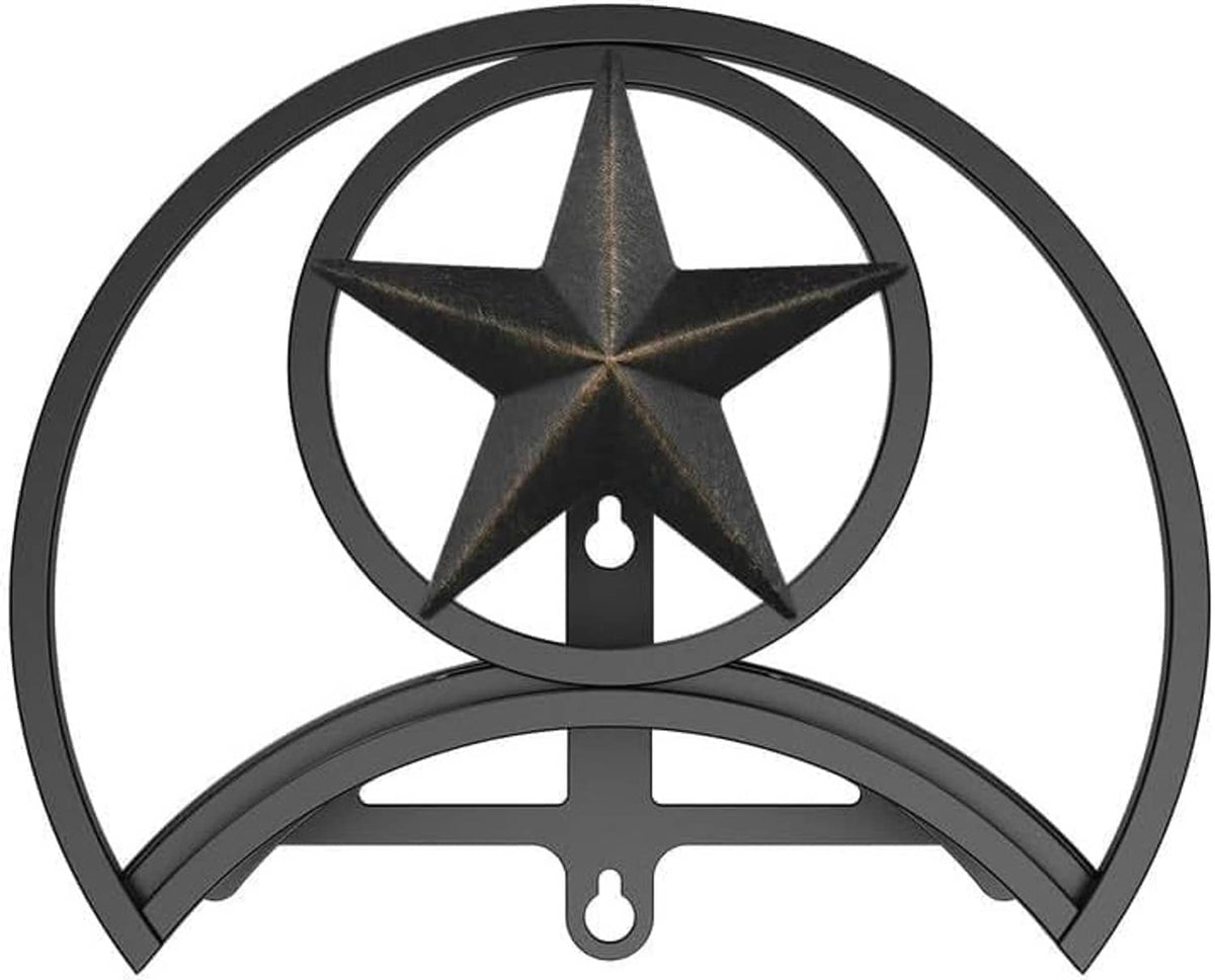 Black decorative hose holder with star centerpiece and circular ring frame, curved base