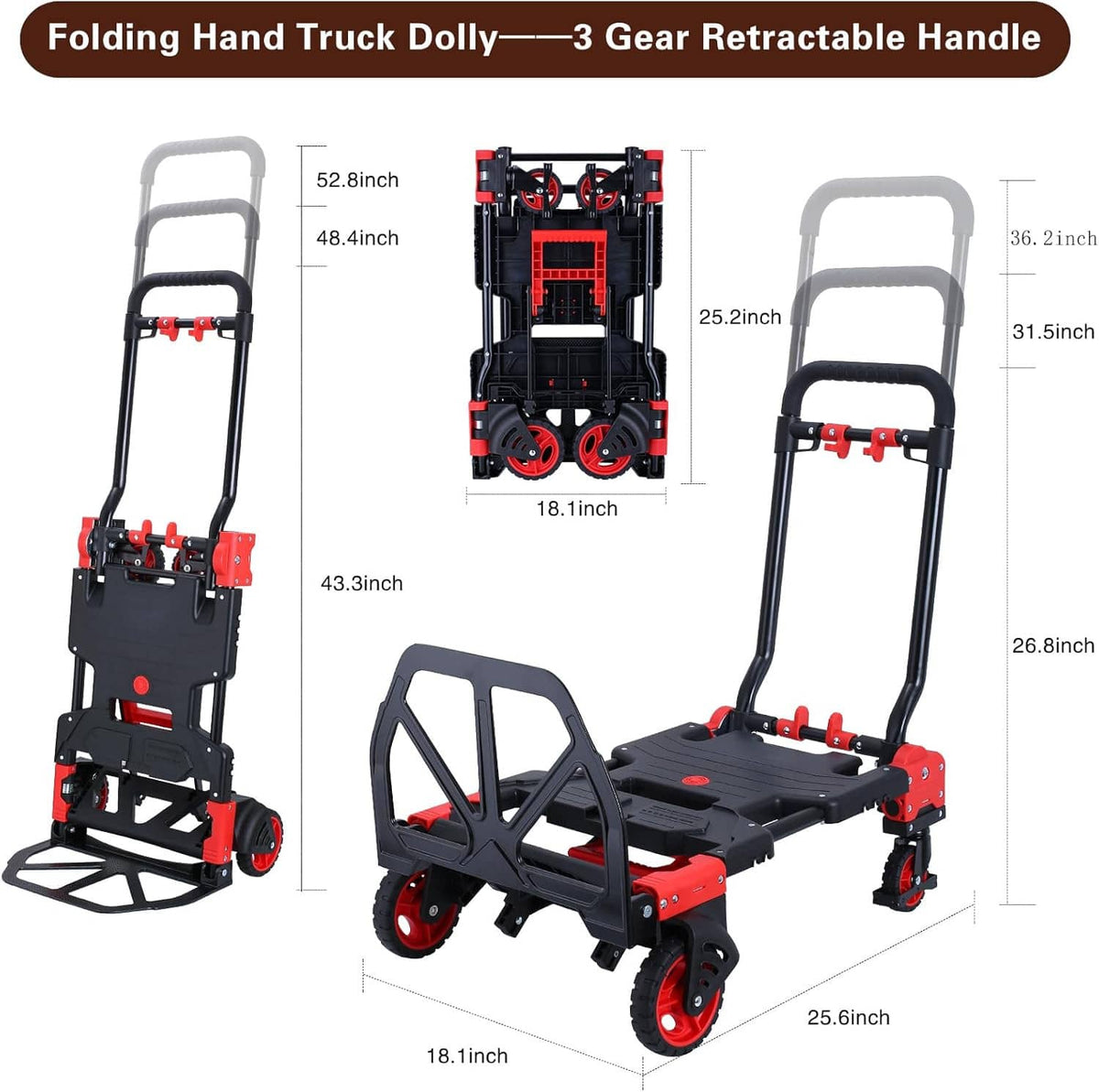 Foldable hand truck dolly with retractable handle, black deck and red-accent wheels