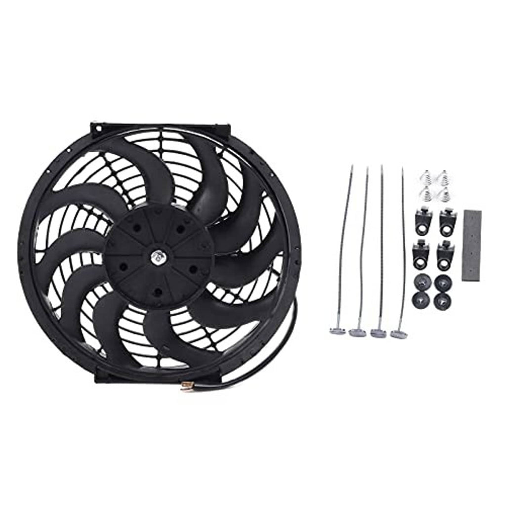 Black electric cooling fan with mounting hardware kit and long screws