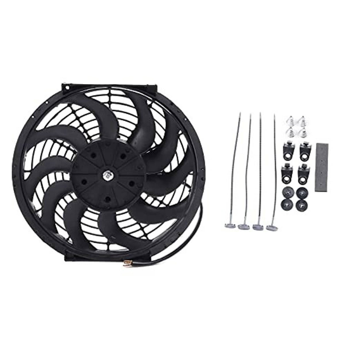 Black electric cooling fan with mounting hardware kit and long screws