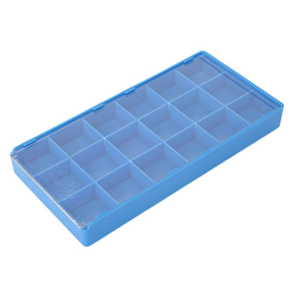 Blue plastic watch parts storage box with open compartment grid