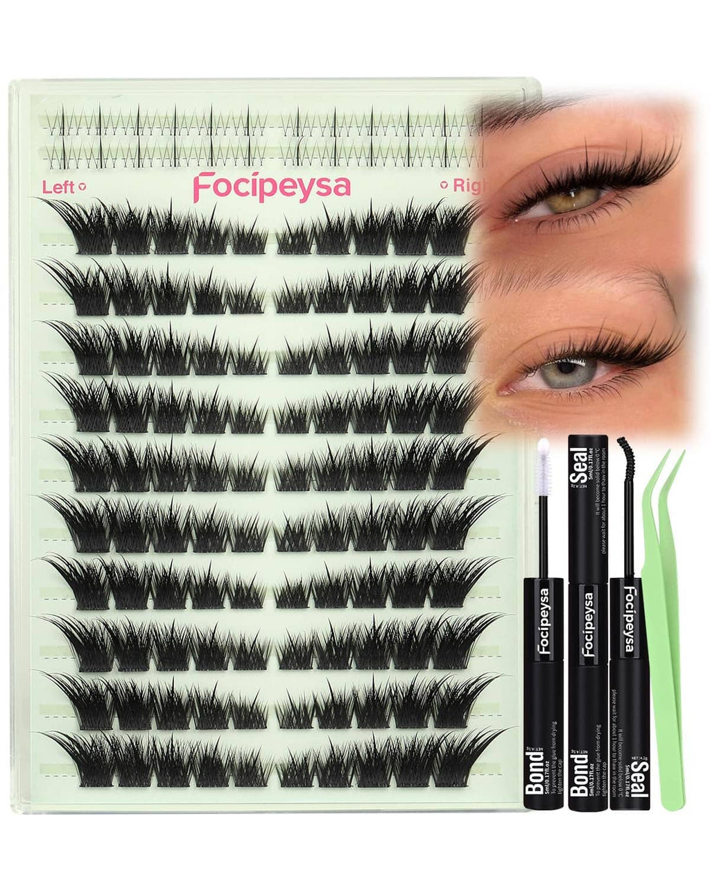 Fox-eye lash extension kit with black strip clusters and bond/seal applicator tubes