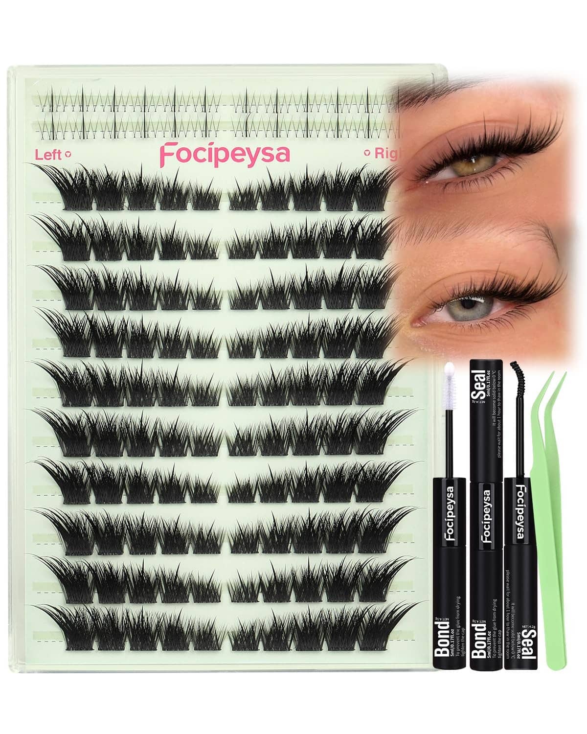 Fox-eye lash extension kit with black strip clusters and bond/seal applicator tubes