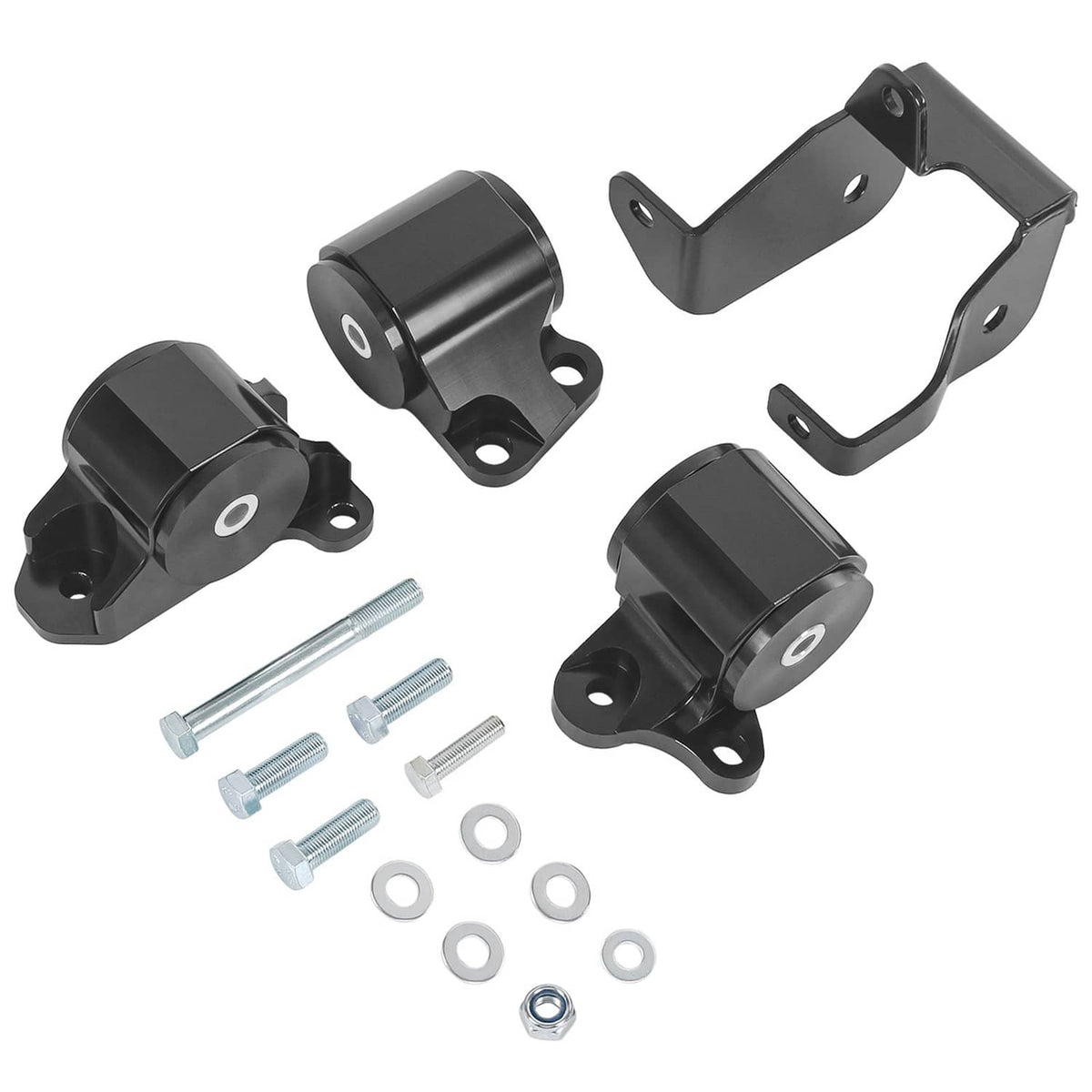 Black billet aluminum engine motor mount bracket kit with hardware bolts and washers