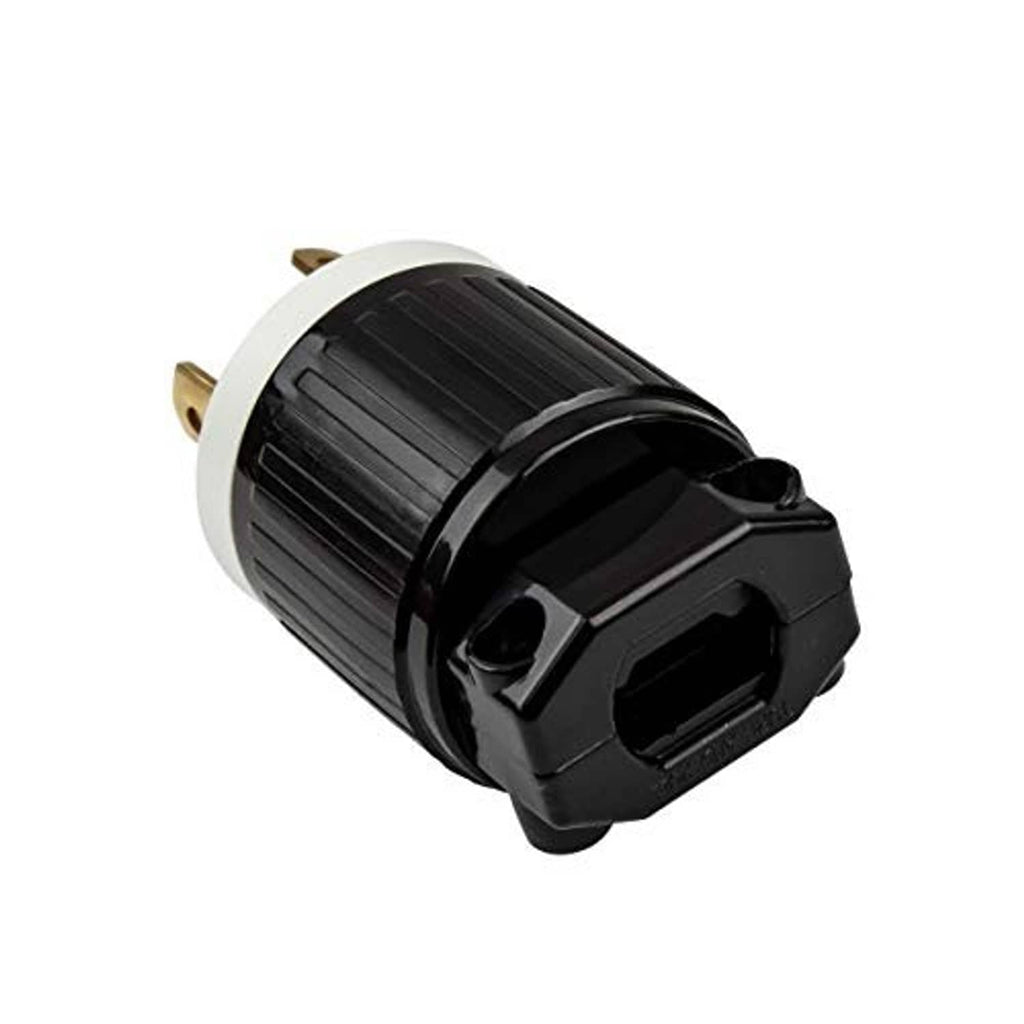 Locking twist-lock male plug, side view with black housing and silver mounting face