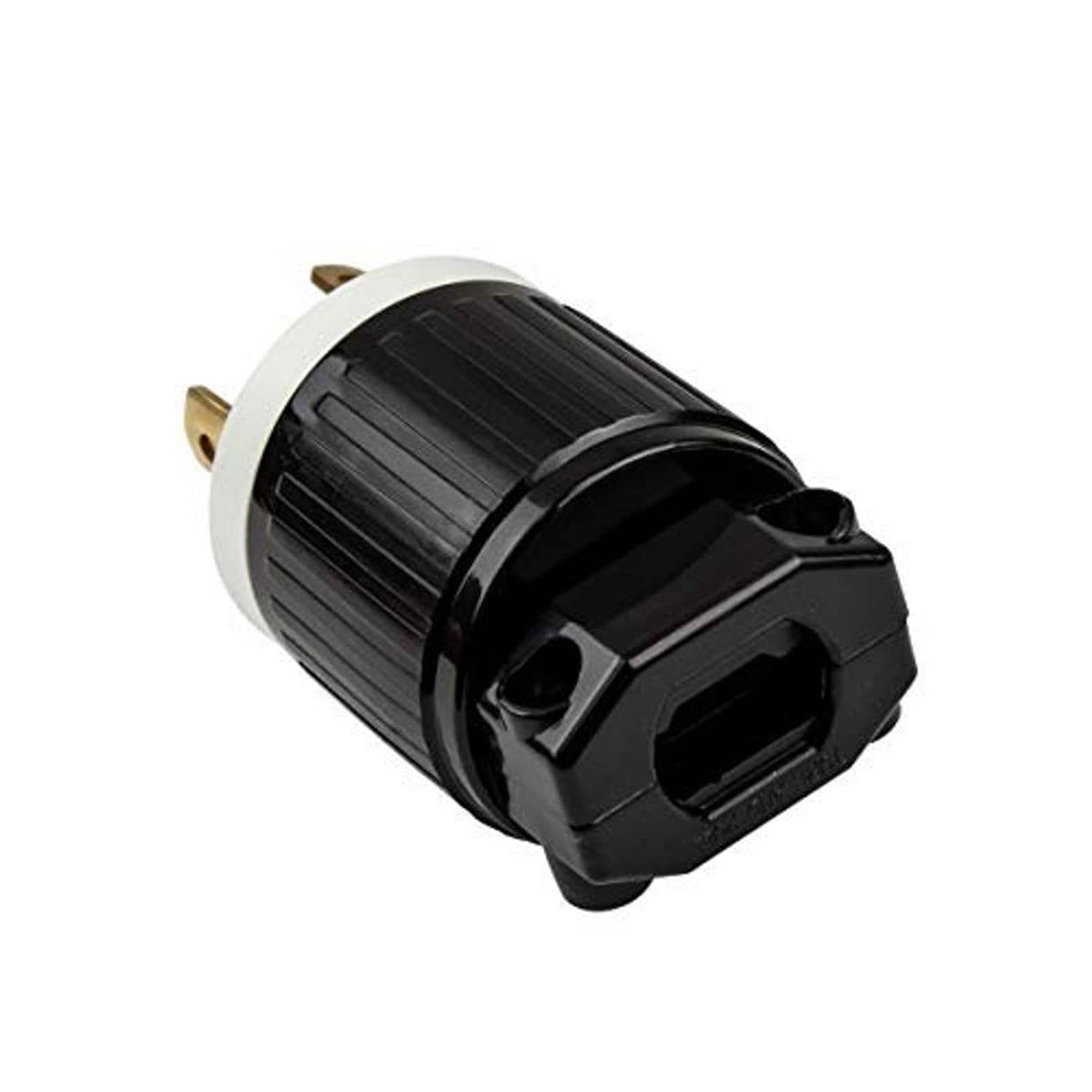 Locking twist-lock male plug, side view with black housing and silver mounting face