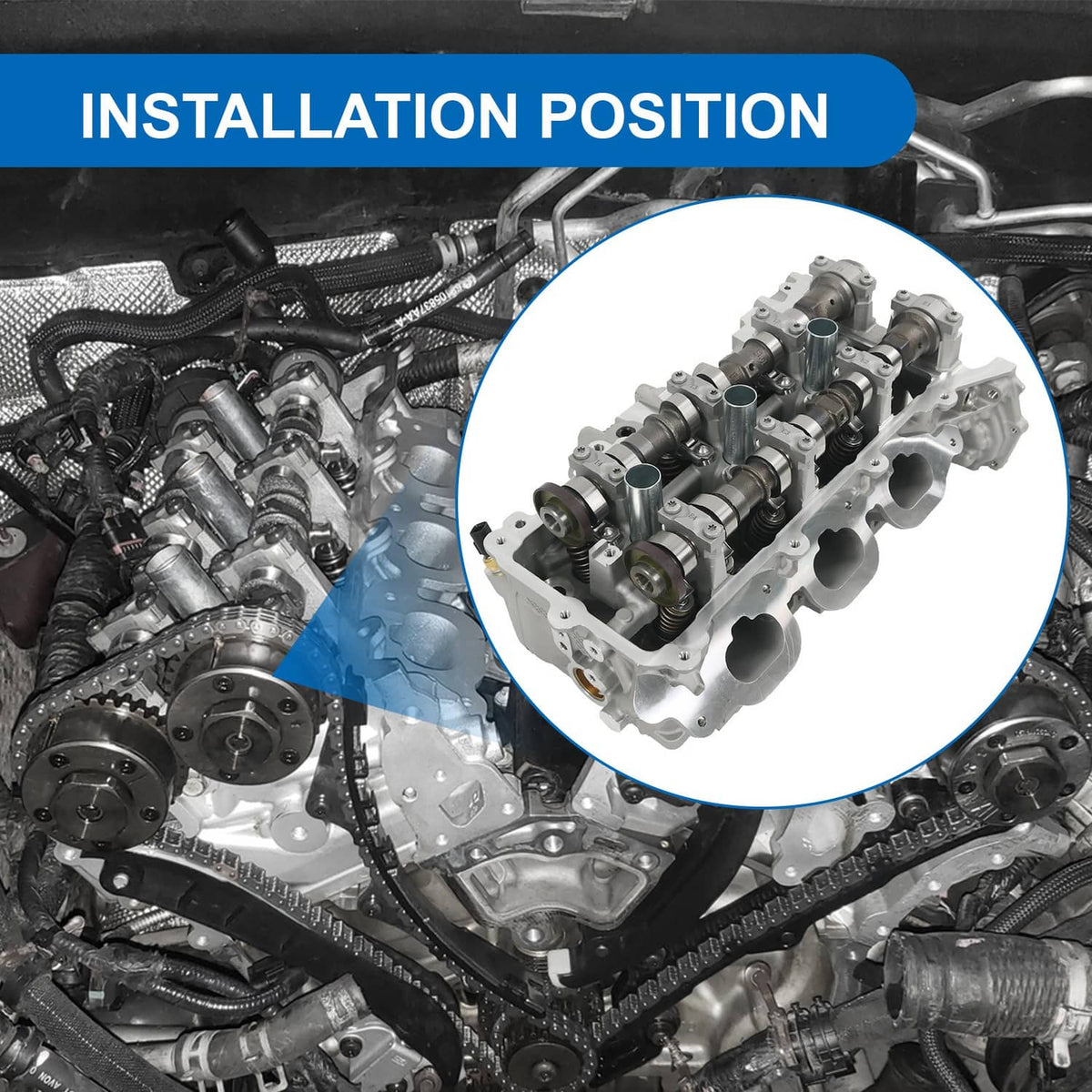 Cylinder head assembly with camshafts visible, shown installed in engine bay