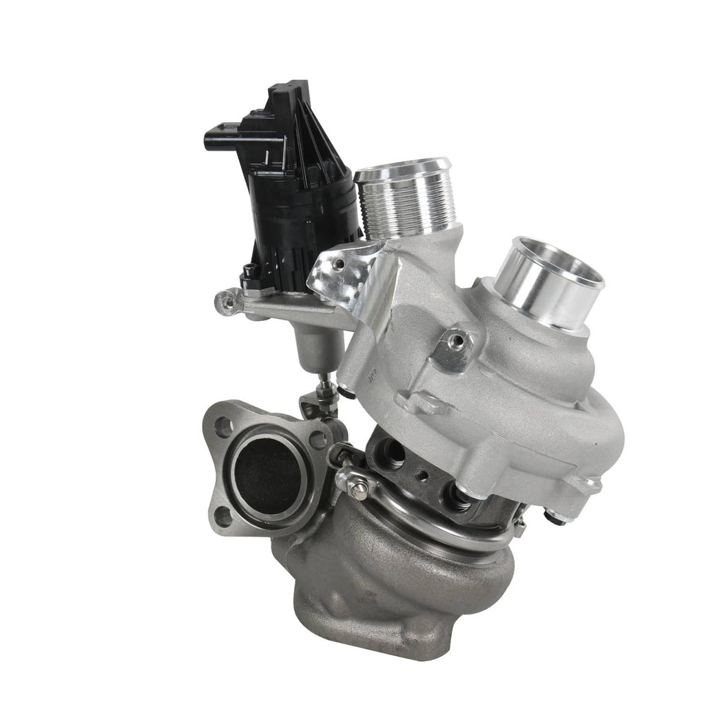 Driver-side turbocharger with silver turbine housing and black sensor connector