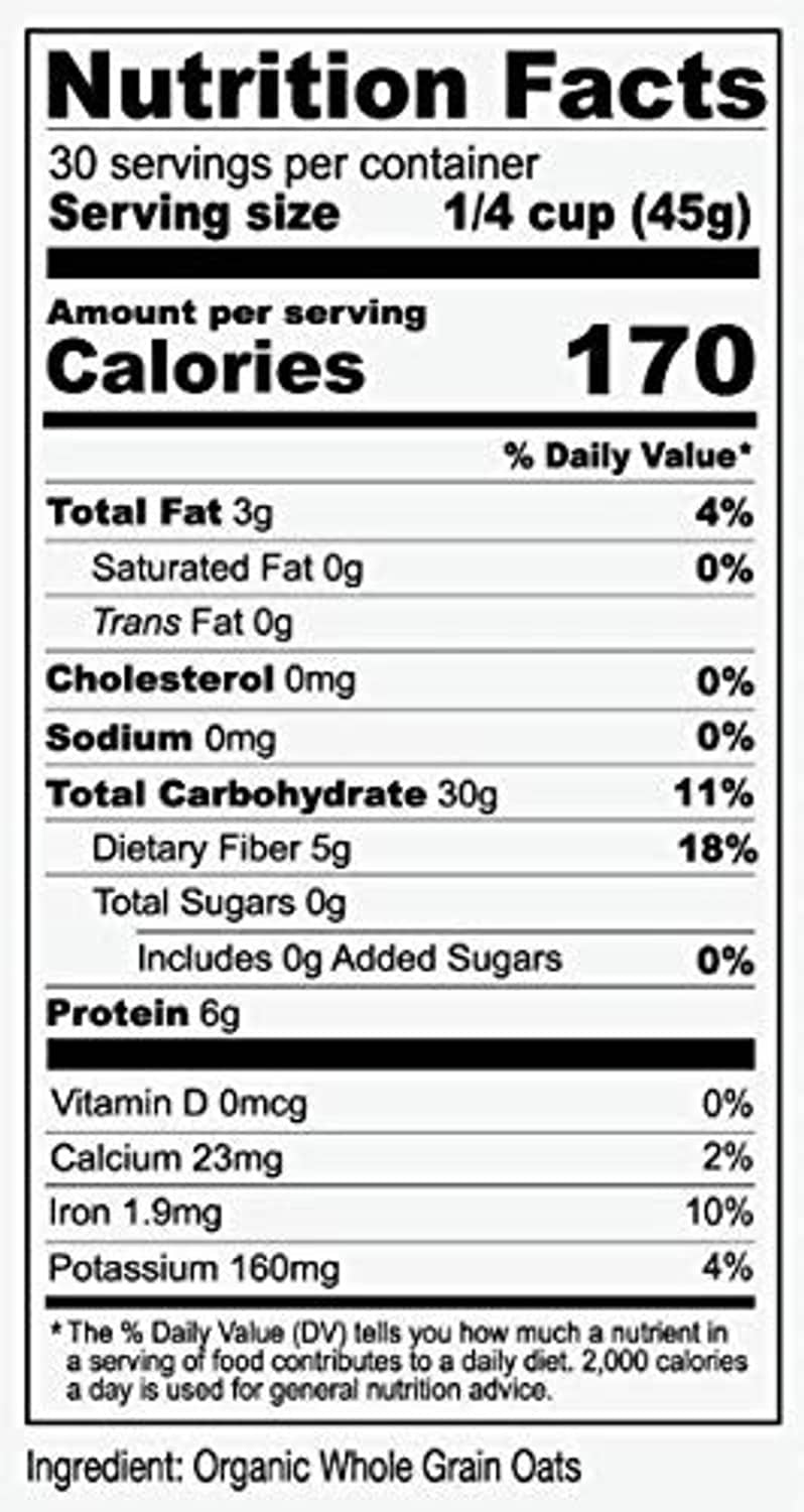 Anthony's organic steel cut oats Nutrition Facts label with calories and serving size details.