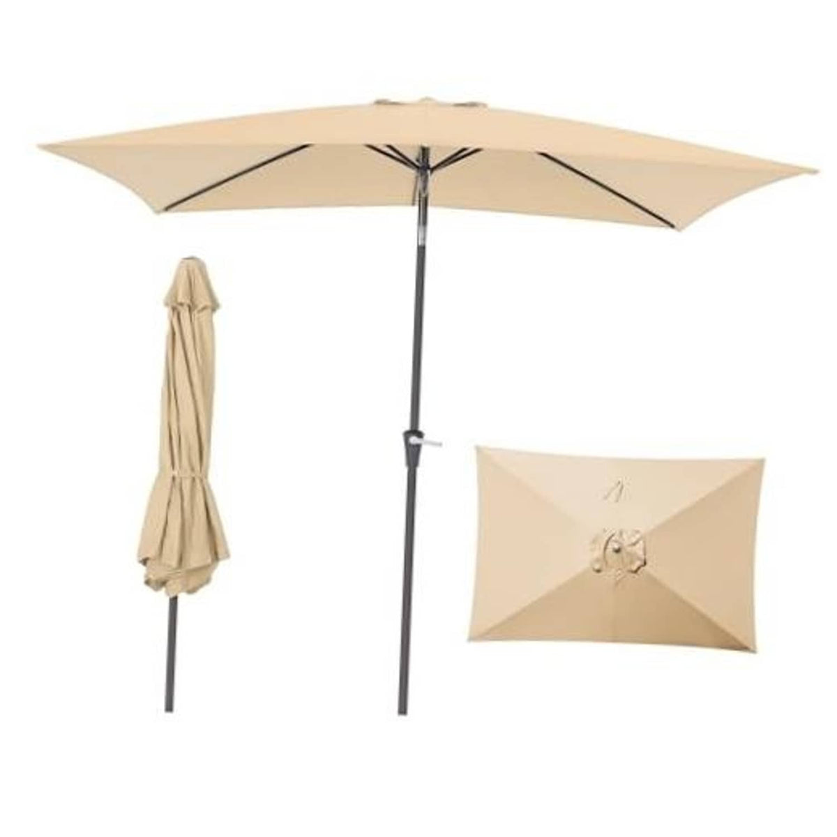 Beige rectangular patio umbrella with black frame and hanging fabric cover