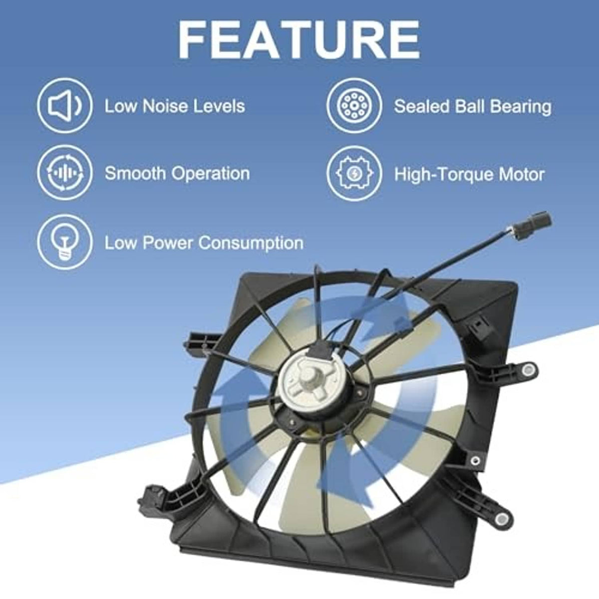 Engine radiator cooling fan assembly angled view with black shroud and wiring connector