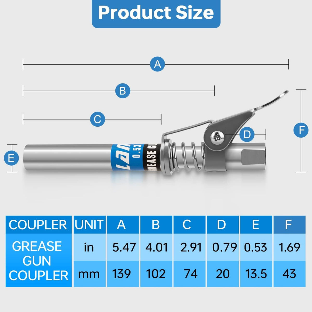 Grease gun coupler size diagram with labeled measurements and spring-loaded body
