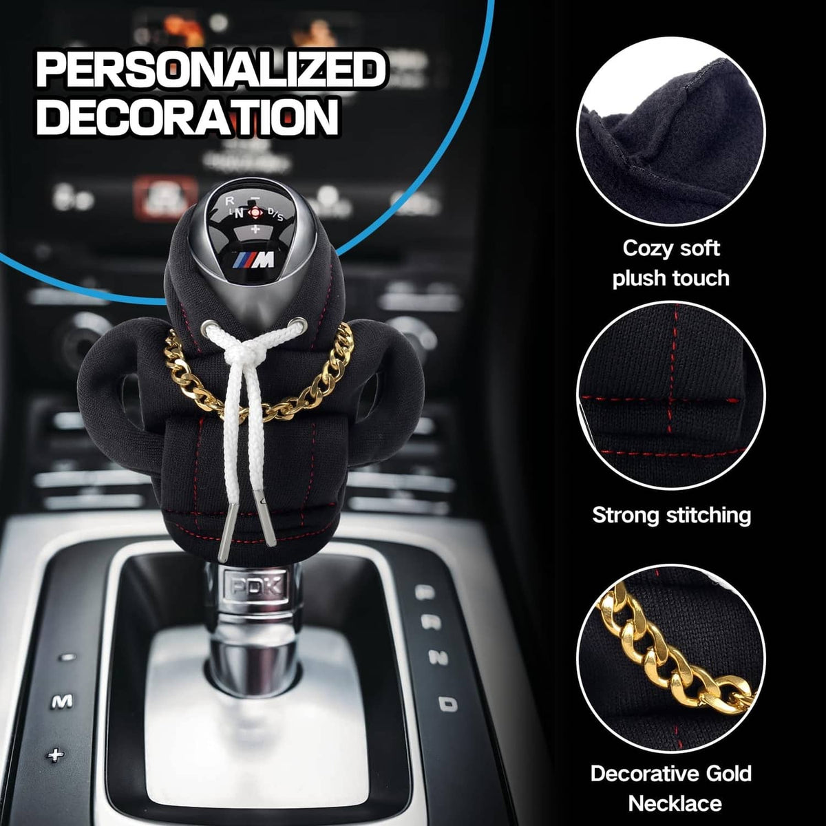 Black car shifter knob cover hoodie with gold necklace chain and white lace ties on a knob