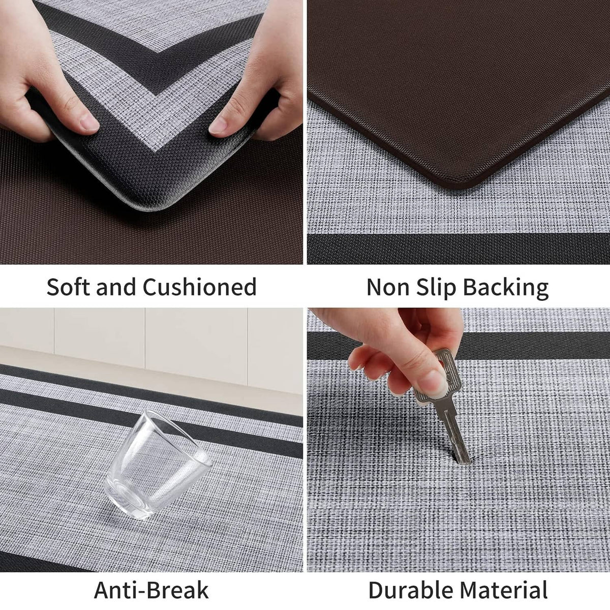 Kitchen mat corner with black edge, showing soft cushioning and anti-slip textured surface