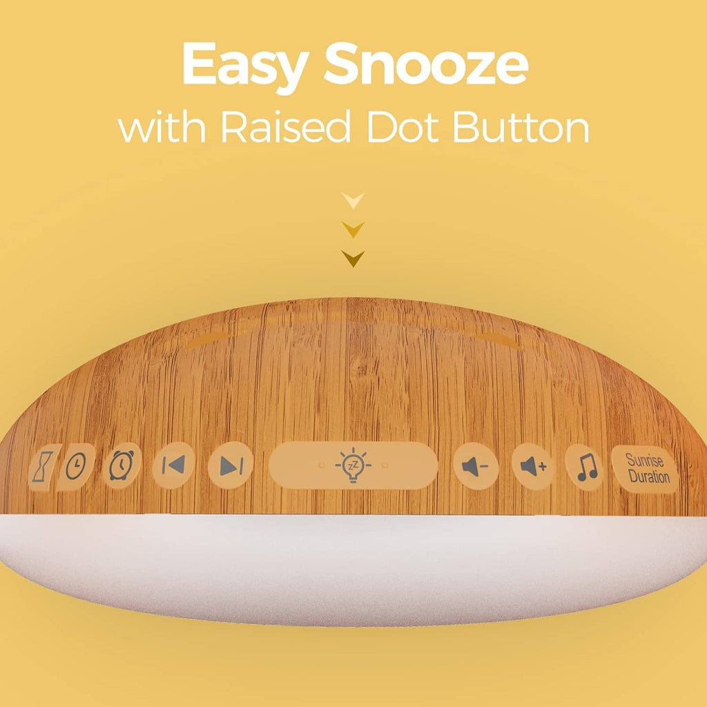Wood grain top view of sunrise alarm clock with raised dot button and controls