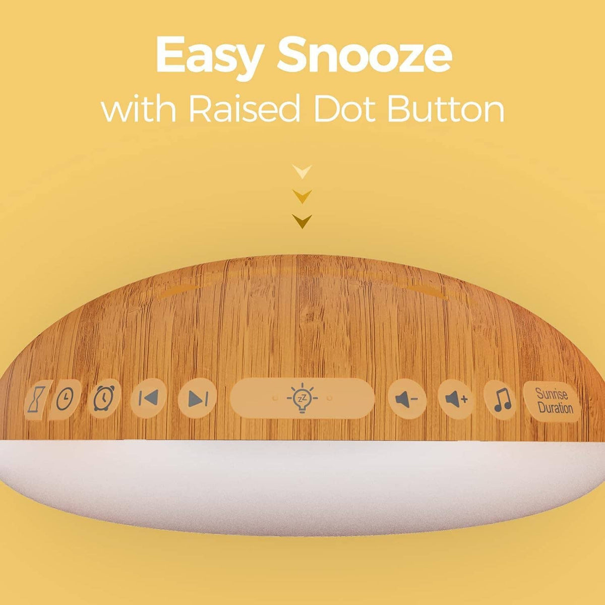Wood grain top view of sunrise alarm clock with raised dot button and controls