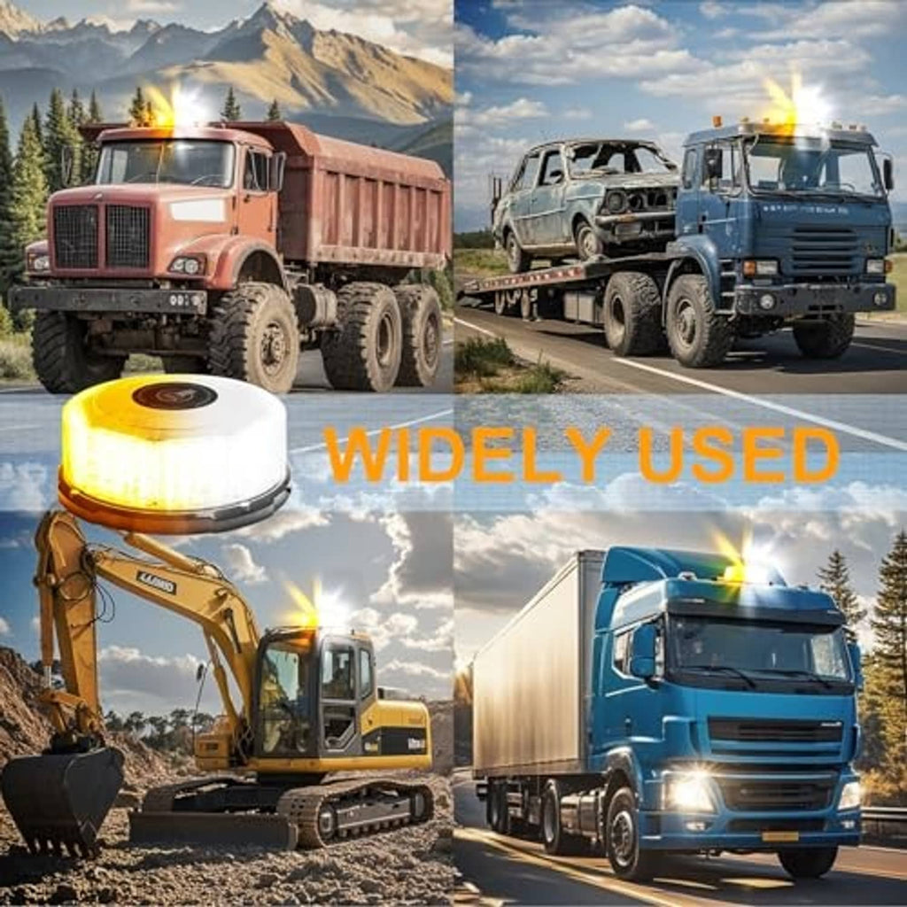Glowing magnetic LED strobe beacon light with amber dome and black base on work surface