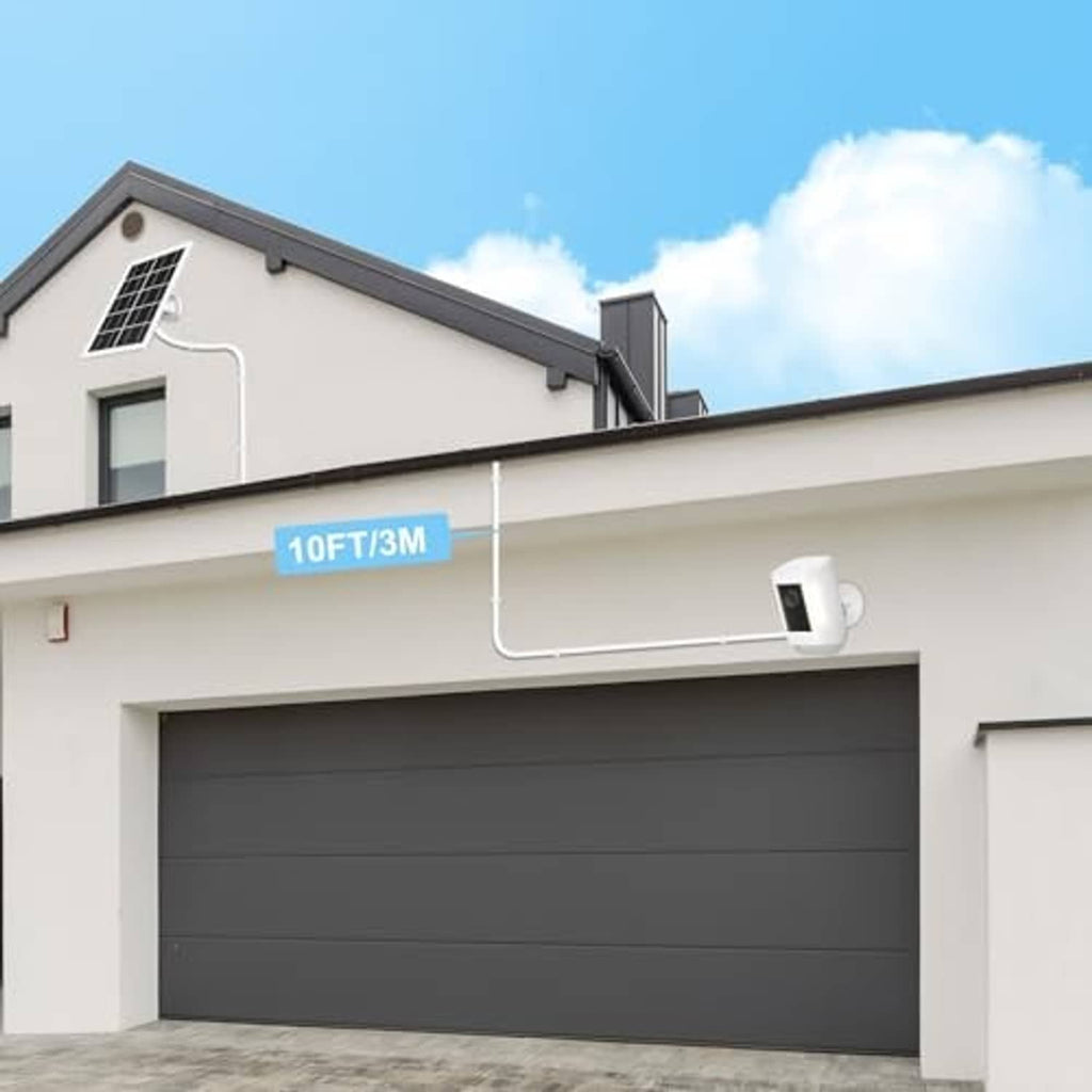 Solar panel charger mounted on a house wall with cable near a garage door