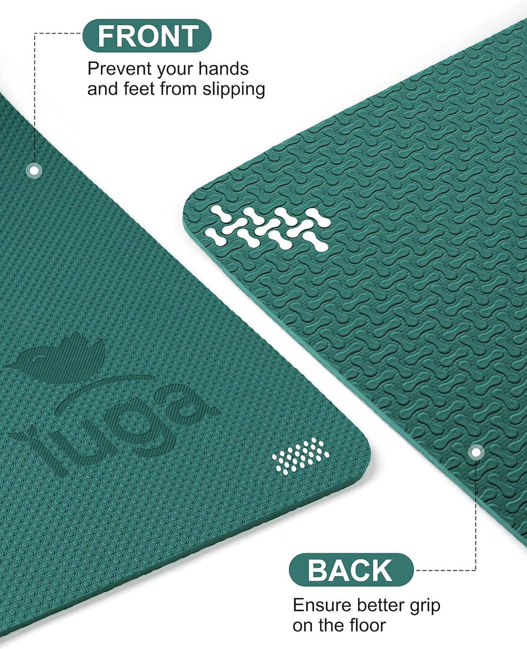 Teal textured yoga mat surface with grip pattern and anti-slip traction dots