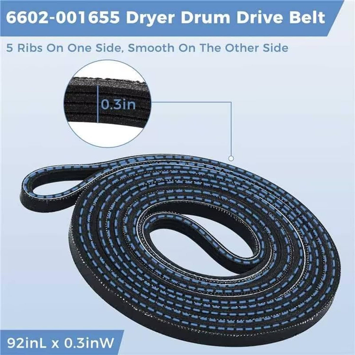 Black dryer drum drive belt with multiple ribs and smooth side