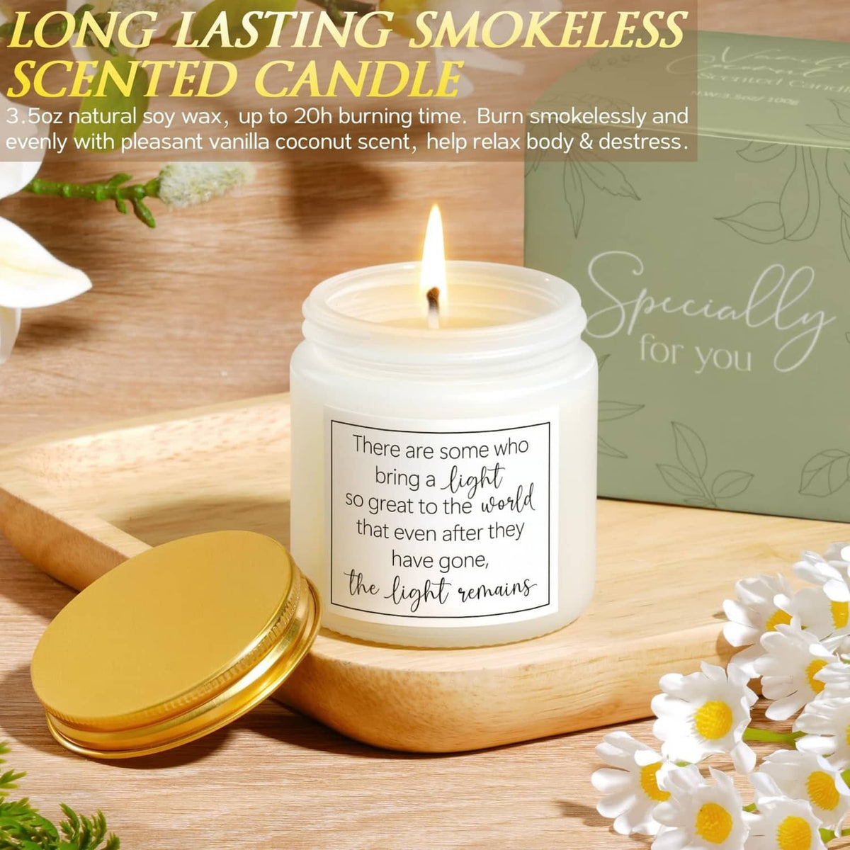 Long-lasting smokeless scented candle in jar with printed quote on lid