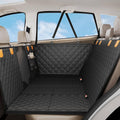 Black quilted dog car back seat cover with hard bottom extender and orange strap accents
