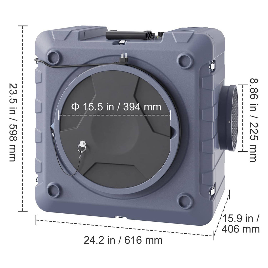 HEPA air scrubber housing with front opening and measurement labels (24.2 in, 23.5 in)