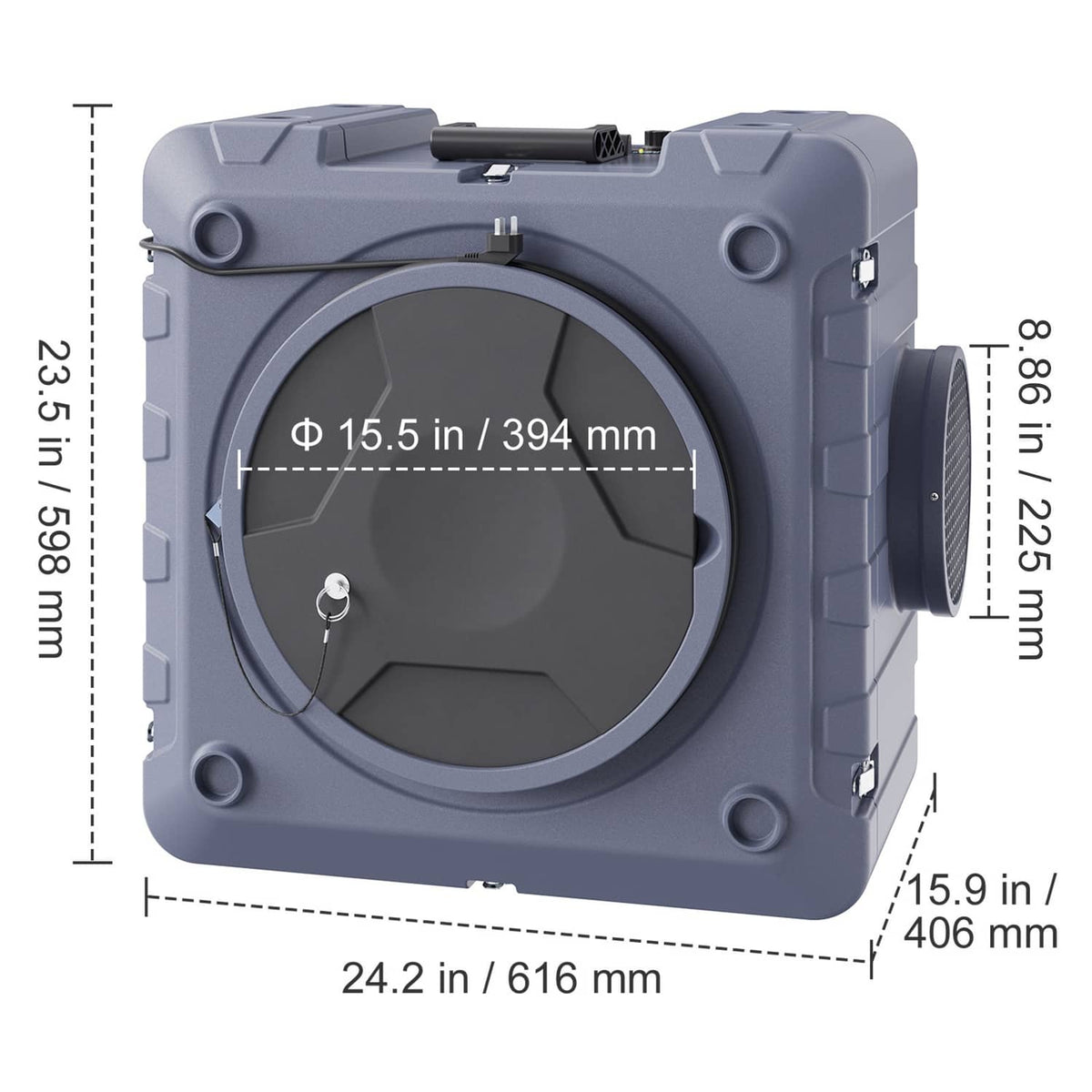 HEPA air scrubber housing with front opening and measurement labels (24.2 in, 23.5 in)