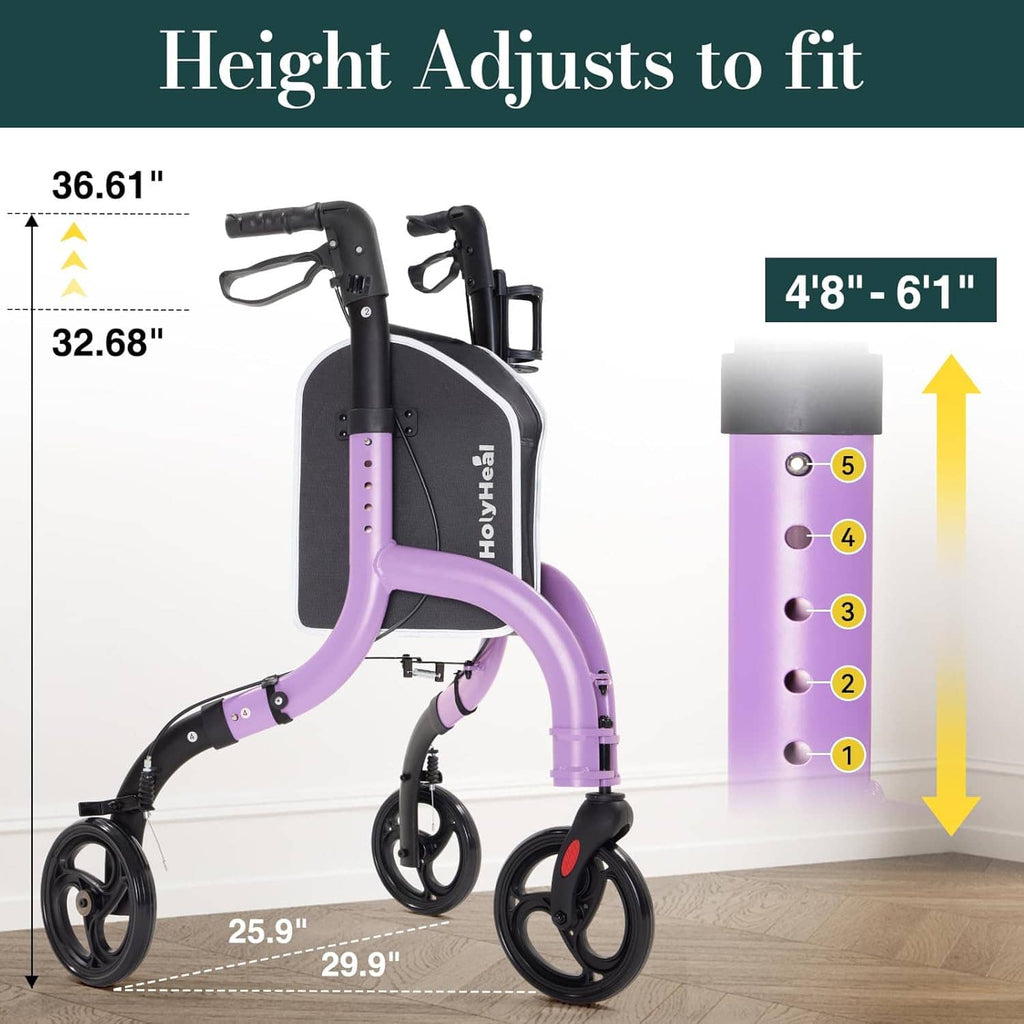 Height-adjustable 3-wheel rollator with purple frame and black seat panel