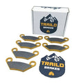 Ceramic brake pads set with dark gray friction faces and gold mounting ears