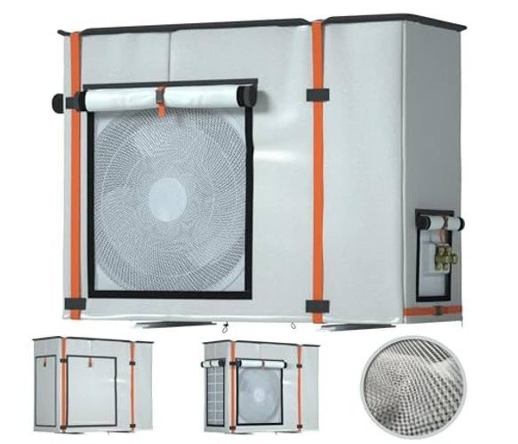 Beige mini split air conditioner cover with front mesh panel, side flap, and orange trim