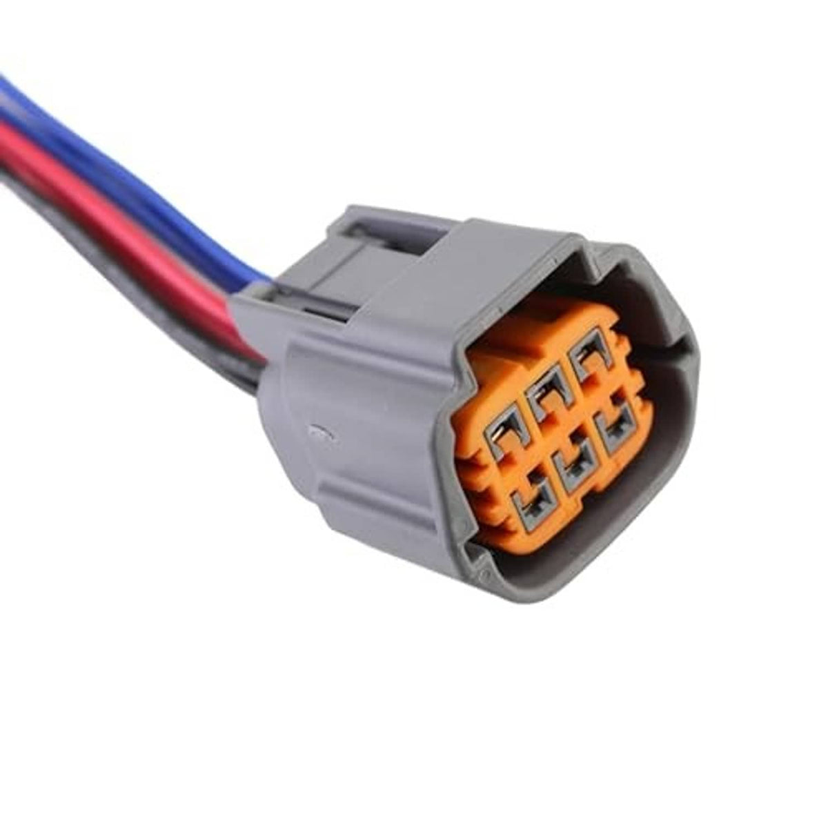 Grey multi-pin connector plug with orange terminal insert and red/blue wire leads