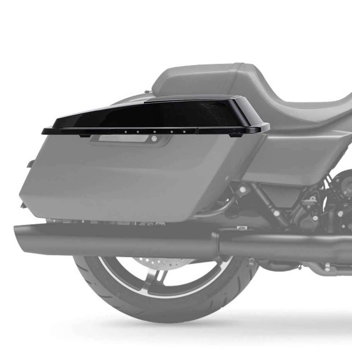 Black hard saddlebag speaker covers installed on a touring motorcycle side profile