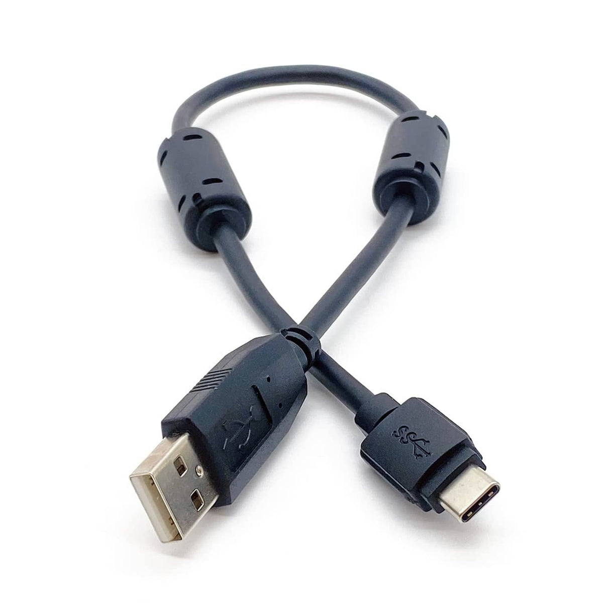 Black USB-A to USB-C cable with ferrite cores and molded connector ends