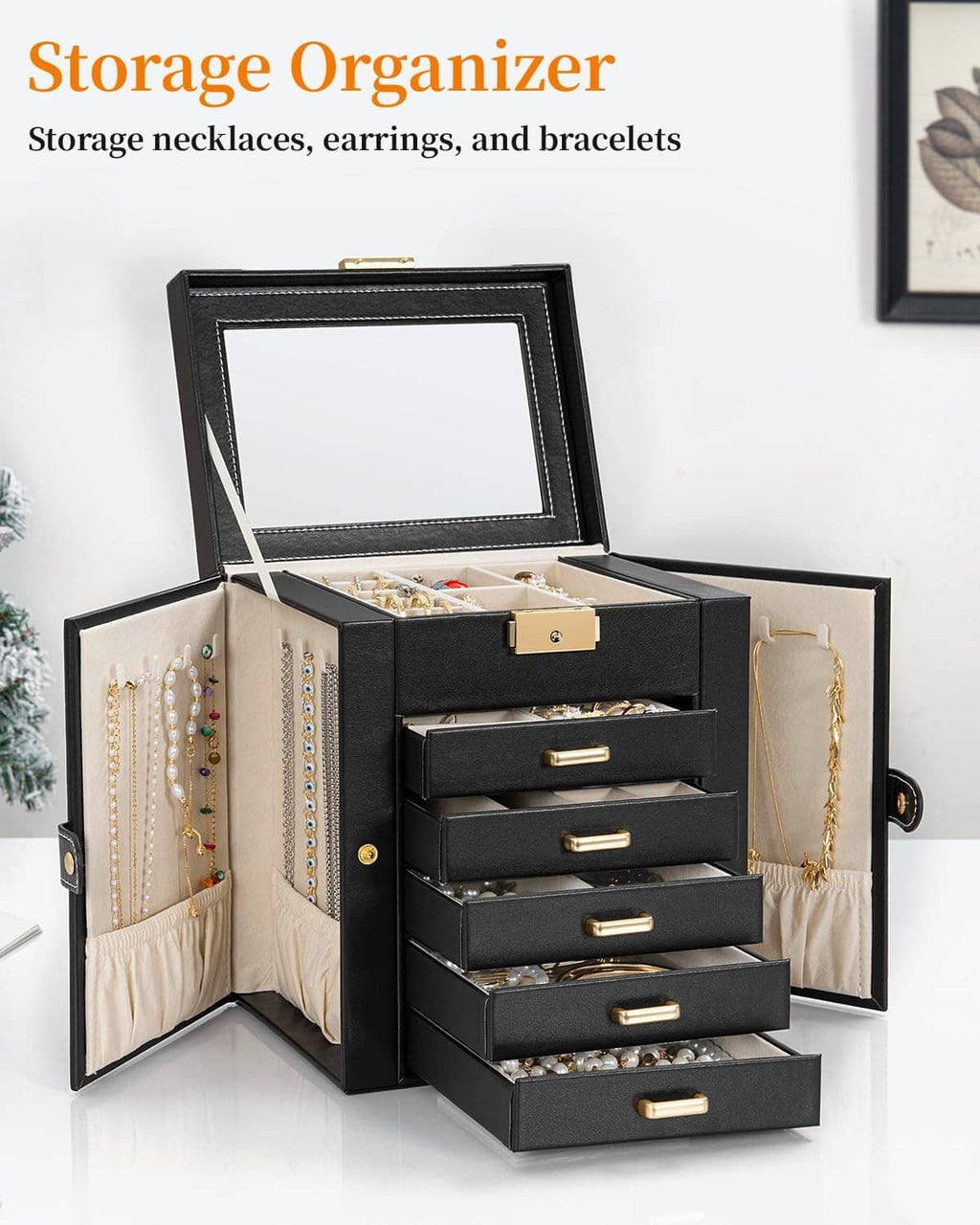 Black jewelry storage box with top mirror and multi-layer sliding drawers