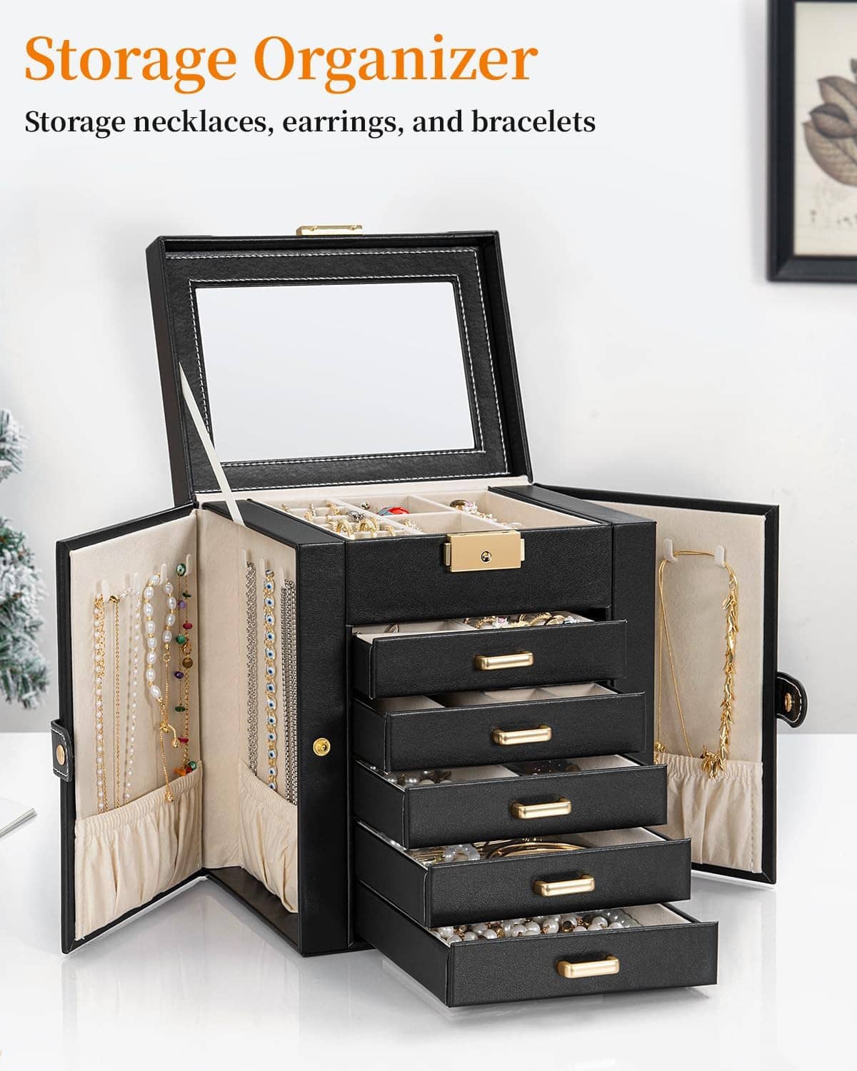 Black jewelry storage box with top mirror and multi-layer sliding drawers