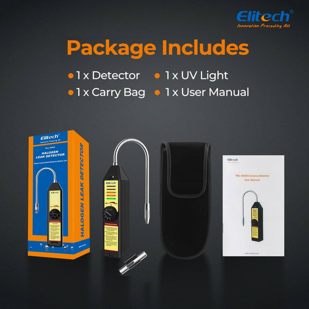 Refrigerant leak detector kit with detector unit, flexible probe, carry bag and user manual.