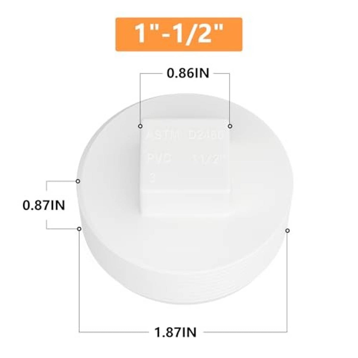 White PVC cleanout plug end cap adaptor with 1-1/2 in size shown