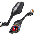 Black motorcycle rearview mirror with clear lens and LED turn-signal strip