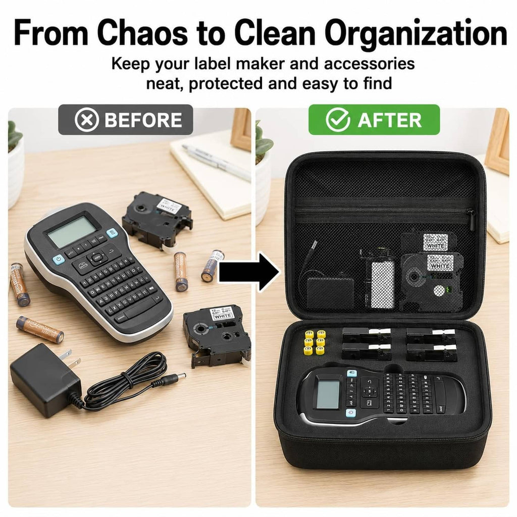 Black zippered label maker case with accessories neatly arranged in molded tray