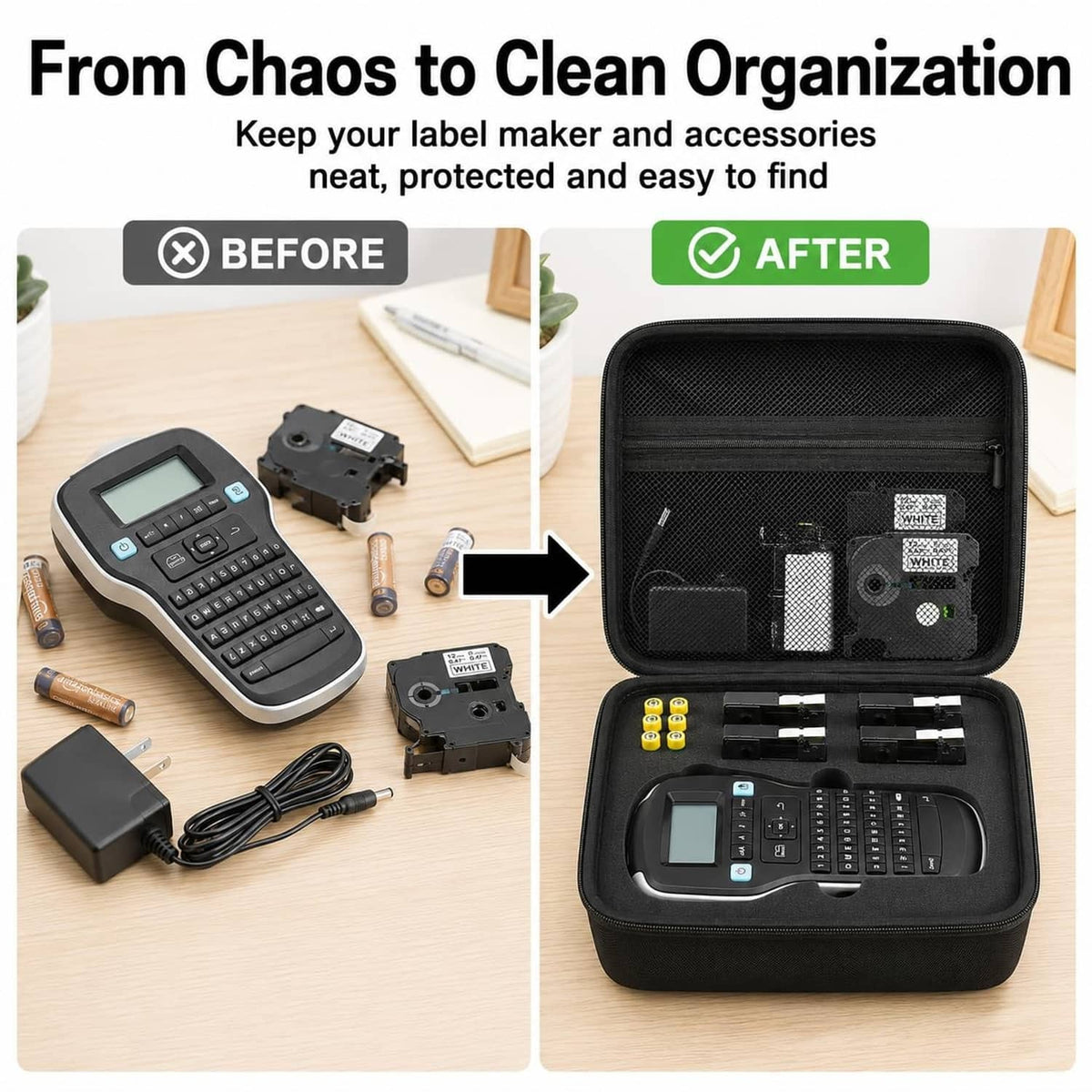 Black zippered label maker case with accessories neatly arranged in molded tray