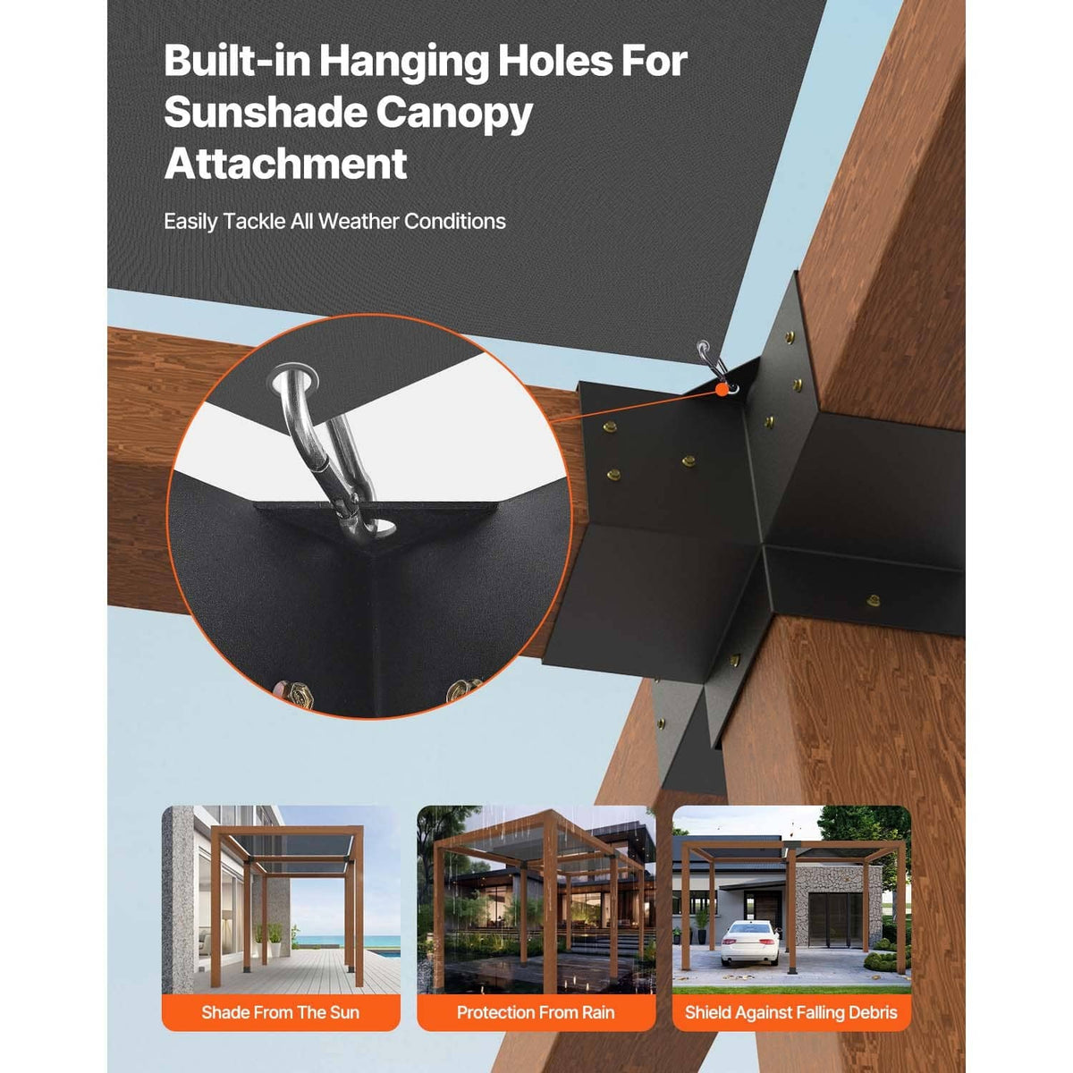 Black steel four-way corner bracket with hanging hole detail for shade canopy attachment