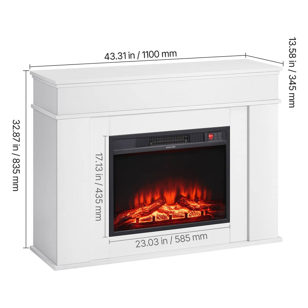 White electric fireplace mantel heater with red flame window shown with dimensions