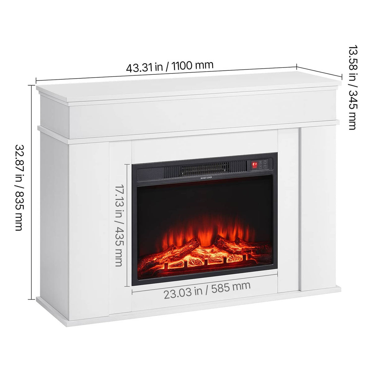 White electric fireplace mantel heater with red flame window shown with dimensions