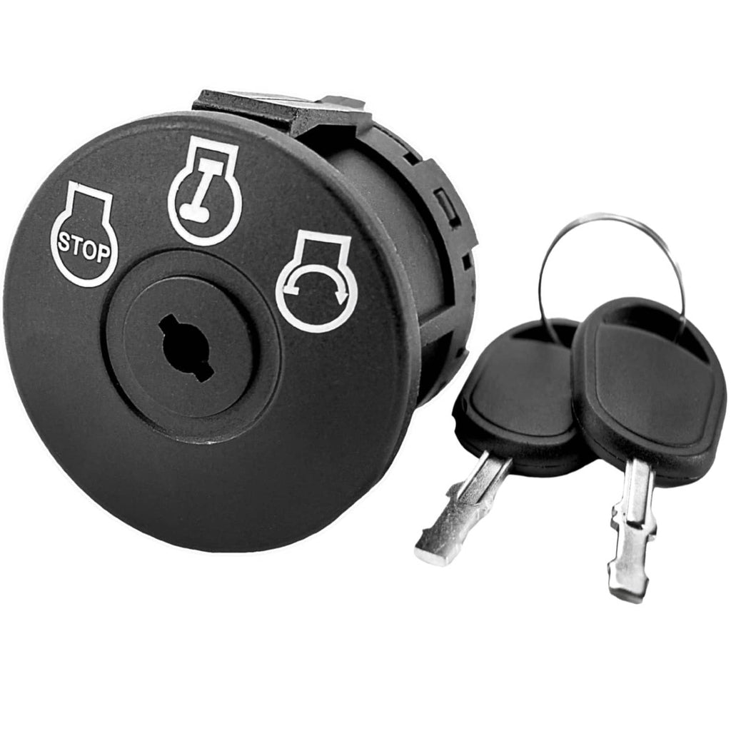 Black tractor ignition switch with key, round control panel and 5 terminals