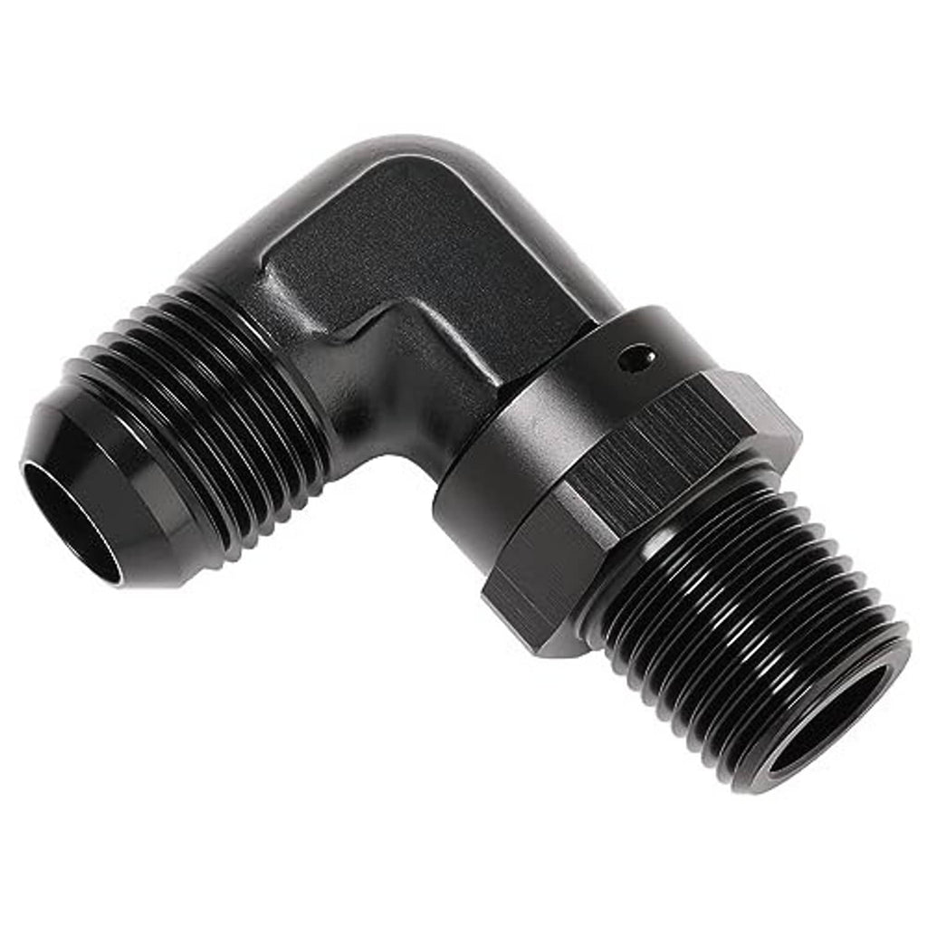 Black 90-degree swivel AN-to-NPT fitting with two threaded ports