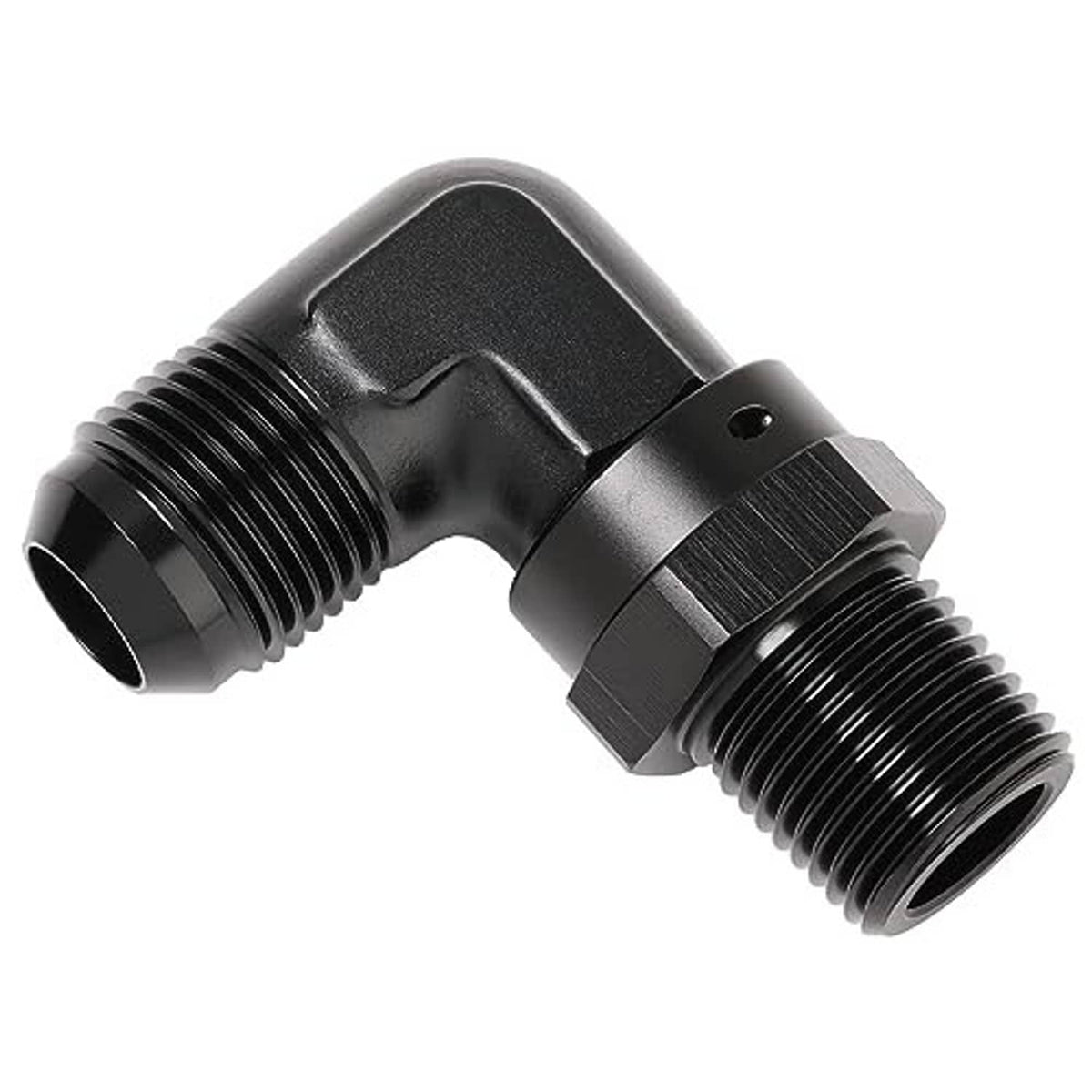 Black 90-degree swivel AN-to-NPT fitting with two threaded ports