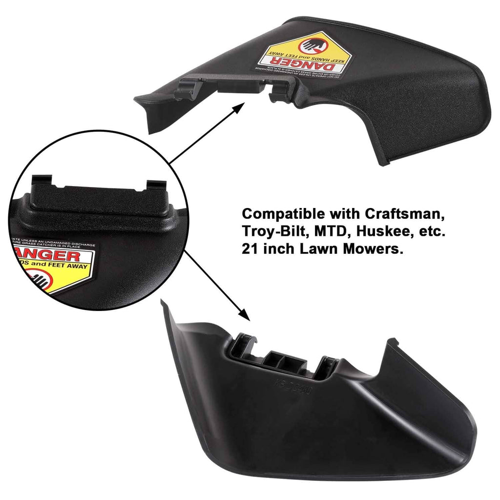 Black lawn mower side discharge chute with warning label and snap-mount brackets