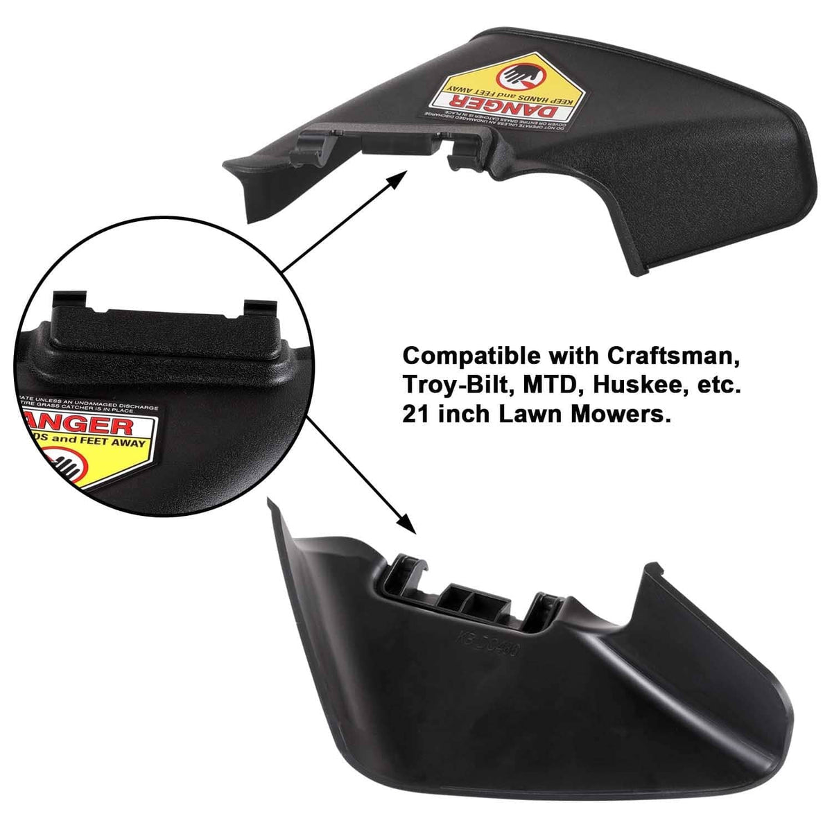 Black lawn mower side discharge chute with warning label and snap-mount brackets