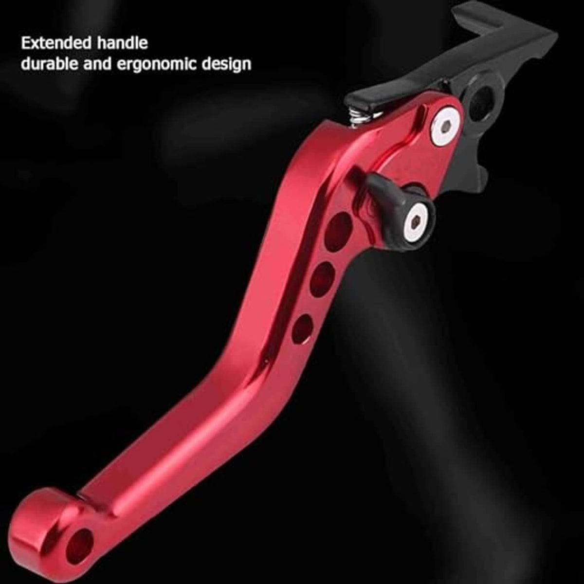 Red extended motorcycle brake lever with black lever pad and pivot screw details